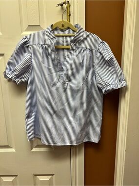 Women’s Blue & White Striped Puff Sleeve Shirt